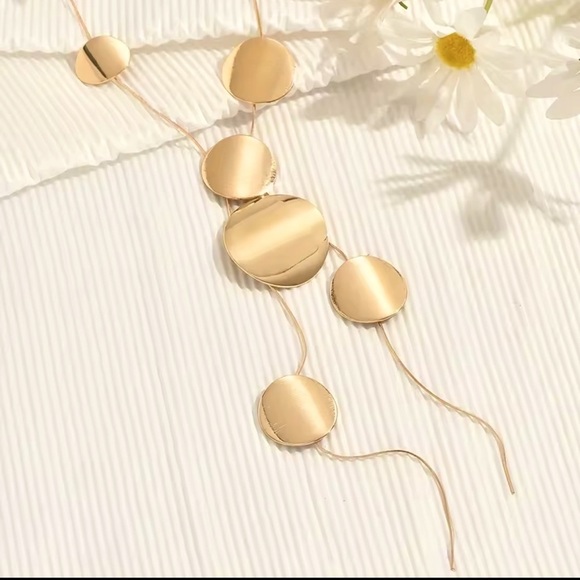 Gold Geometric Disc Pendant Necklace – Statement Long Layered Jewelry - Picture 2 of 8